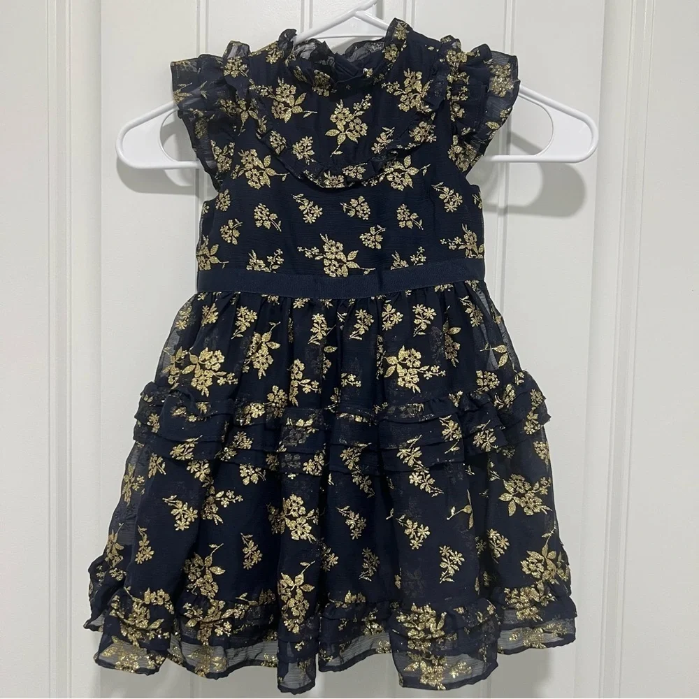 Janie and Jack Toddler Girl Sparkle Holiday Dress Dark Marine Floral Size 3 - Picture 2 of 6